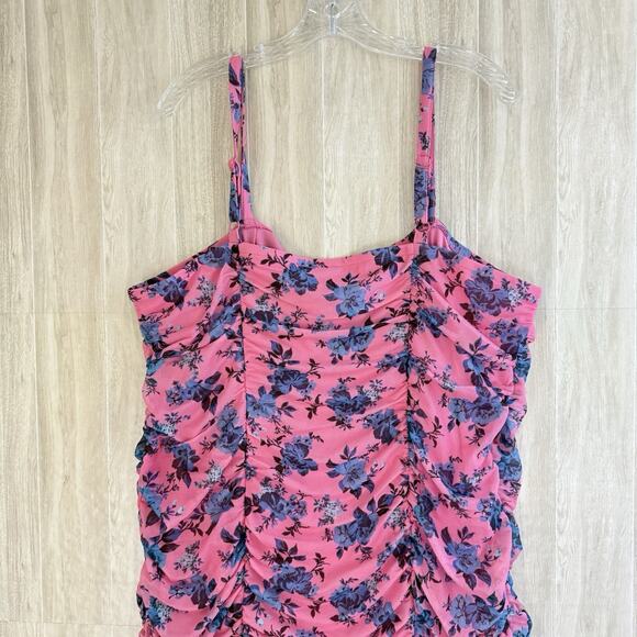 Torrid Mini Shirred Bodycon Dress Size 3X Floral Ruched Pink Mesh Fairy Cottage - Picture 7 of 16
